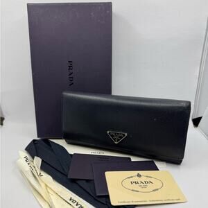Prada Milano Saffiano Bifold Flap Snap Navy Blue Wallet 21717